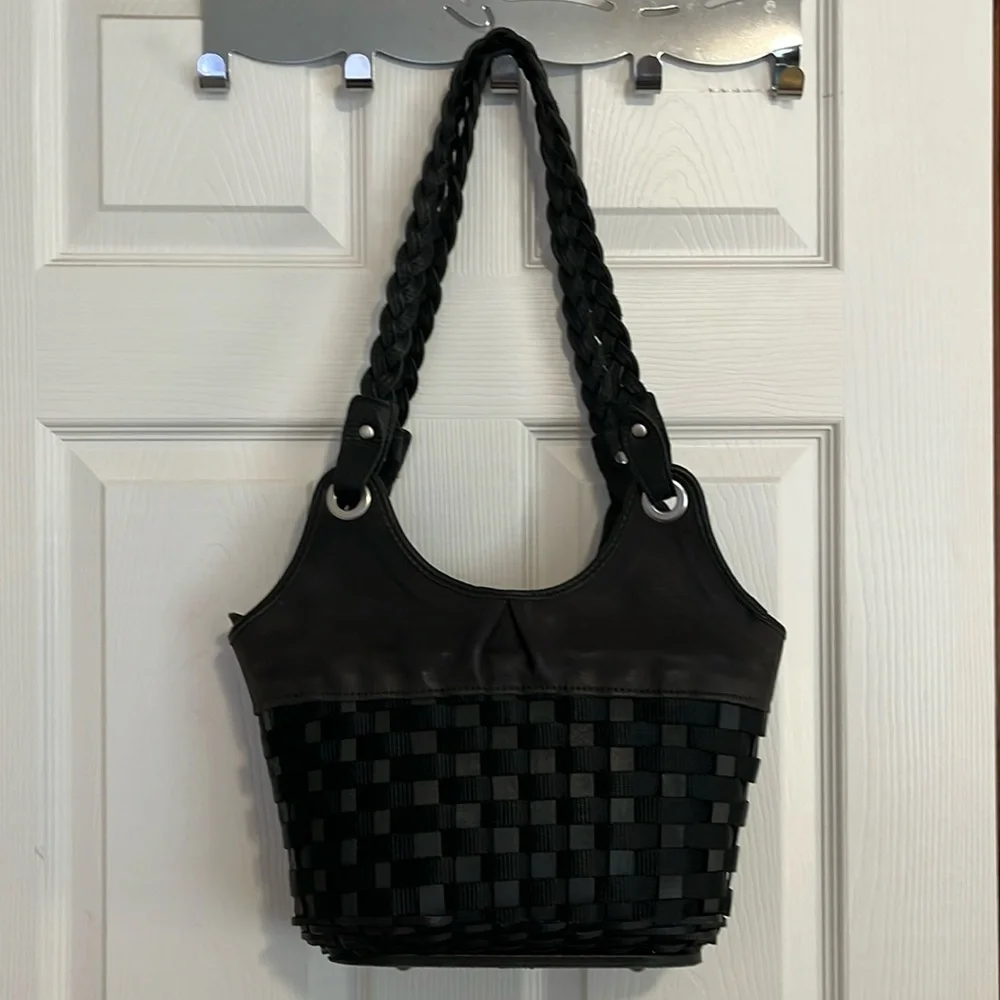 Longaberger Black Leather, Nylon & Wood Basket Weave Purse w/ Silver Tone Trim